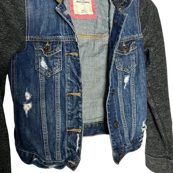 Abercrombie kids M/12, denim jacket. Distressed,multi  media,hood,back to school - Picture 3 of 10